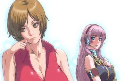 Rule 34 | 2girls, aqua eyes, armband, asymmetrical sleeves, bare shoulders, blue eyes, blue gemstone, blush, breasts, brooch, brown eyes, brown hair, cleavage, collarbone, female focus, gem, hand on own chest, headphones, headset, jewelry, large breasts, lips, long hair, looking at another, looking to the side, matsudo aya, megurine luka, meiko (vocaloid), multiple girls, neck, pink hair, serious, short hair, single sleeve, sleeveless, sleeveless turtleneck, turtleneck, uneven sleeves, upper body, vocaloid, yellow detached sleeves