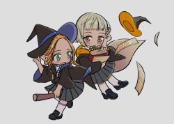 Rule 34 | 2girls, black footwear, black headwear, black jacket, blue necktie, blush, book, braid, broom, broom surfing, brown eyes, chibi, collared shirt, dungeon meshi, elf, falin touden, falin touden (tallman), full body, grey background, grey skirt, hand on headwear, harry potter (series), hat, hat loss, highres, hogwarts school uniform, holding, holding book, hood, hooded jacket, hufflepuff, jacket, kneehighs, loafers, long hair, long sleeves, looking at another, looking back, marcille donato, miniskirt, multiple braids, multiple girls, multiple riders, necktie, paper, pleated skirt, pointy ears, ravenclaw, rudnftoqur, school uniform, shirt, shoes, short hair, sidesaddle, simple background, skirt, smile, socks, striped necktie, twintails, two-sided fabric, two-sided headwear, two-sided jacket, unworn hat, unworn headwear, white legwear, white shirt, wide sleeves, witch hat, wizarding world, yellow necktie
