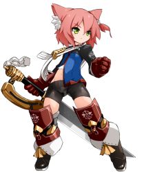 Rule 34 | 1girl, animal ears, boots, fighter (7th dragon), gloves, green eyes, harukara (7th dragon), highres, karukan (monjya), long sleeves, red hair, short hair, shorts, simple background, solo, weapon