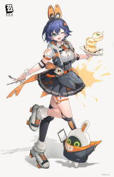 1girl absurdres alternate_costume bangboo_(zenless_zone_zero) bangboo_6_(zenless_zone_zero) belle_(zenless_zone_zero) black_thighhighs blue_hair cake commentary crossed_bangs dark_blue_hair enmaided food fork full_body grey_background hair_between_eyes highres hy_(hem_oo) knife leg_warmers looking_at_viewer maid o-ring o-ring_thigh_strap one_eye_closed open_mouth shadow shirt short_hair short_sleeves simple_background single_thighhigh skirt smile standing standing_on_one_leg thigh_strap thighhighs unconventional_maid white_leg_warmers wrist_cuffs zenless_zone_zero