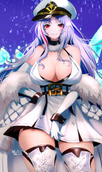 Rule 34 | 1girl, azur lane, bare shoulders, blue background, blush, breasts, character request, cleavage, closed mouth, coat, commentary request, cowboy shot, dress, fur-trimmed coat, fur collar, fur trim, gloves, hachimitsu hinako, hat, highres, large breasts, long hair, looking at viewer, mole, mole on breast, multicolored hair, off shoulder, parted bangs, peaked cap, pink hair, red eyes, sidelocks, signature, skindentation, sleeveless, sleeveless dress, smile, solo, standing, streaked hair, tallinn (azur lane), thighhighs, underbust, white coat, white gloves, white hair, wrist cuffs, zettai ryouiki