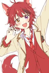 Rule 34 | 1boy, :d, ahoge, animal ears, dog boy, dog ears, fang, heterochromia, highres, male focus, namori, open mouth, purple eyes, red hair, rinu (niconico), school uniform, short hair, simple background, smile, solo, strawberry prince, tail, utaite, white background, yellow eyes