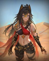 Rule 34 | 1girl, ahoge, animal ears, arepko, armlet, armor, arms at sides, asymmetrical clothes, asymmetrical gloves, bare shoulders, belt, black gloves, black hair, black pants, blonde hair, blue eyes, blue sky, blush, brooch, claw ring, cowboy shot, criss-cross halter, dark-skinned female, dark skin, dehya (genshin impact), desert, elbow gloves, expressionless, fingerless gloves, genshin impact, gloves, halterneck, highres, jewelry, long hair, mismatched gloves, multicolored hair, navel, outdoors, pants, sand, shoulder armor, signature, single elbow glove, single pantsleg, sky, solo, stomach, streaked hair, thigh strap, toned, torn clothes, torn pants, two-tone hair, wind
