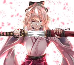 Rule 34 | 1girl, absurdres, black bow, blonde hair, bow, drawing sword, fate/grand order, fate (series), grey eyes, hair bow, hakama, hakama skirt, highres, holding, holding sheath, holding sword, holding weapon, japanese clothes, katana, kentan (kingtaiki), kimono, okita souji (fate), okita souji (koha-ace), pink kimono, red hakama, scabbard, sheath, skirt, solo, sword, unsheathing, upper body, weapon, wide sleeves