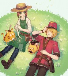 Rule 34 | 1boy, 1girl, adjusting clothes, adjusting headwear, animal, apron, artist name, belt, blonde hair, boots, brown footwear, brown hair, button eyes, buttons, cat, closed mouth, collared shirt, dog, emma woods, flower, freckles, gloves, grass, green eyes, hajime (gitoriokawaii), hat, holding, identity v, lying, on back, on ground, one eye closed, red headwear, shirt, short hair, smile, stitched mouth, stitches, stuffing, twitter username, victor grantz, watch, white flower, white gloves, white shirt, wristwatch, yellow eyes