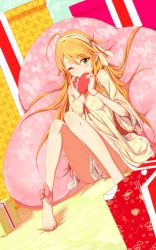 Rule 34 | 1girl, ahoge, ankle ribbon, bare legs, barefoot, blonde hair, chocolate, dress, feet, gift, green eyes, hairband, heart, highres, hoshii miki, idolmaster, idolmaster (classic), leg ribbon, legs, long hair, looking at viewer, one eye closed, pillow, ribbon, shirihime, smile, solo, toe-point, valentine, wink