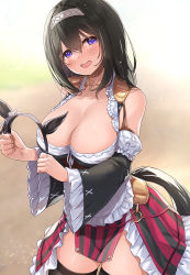 Rule 34 | 1girl, :d, animal ears, apron, bare shoulders, black hair, black hairband, black skirt, black thighhighs, blush, breasts, brown choker, choker, cleavage, collarbone, cosplay, cowboy shot, detached sleeves, eishin flash (umamusume), eishin flash (umamusume) (cosplay), fake animal ears, fake tail, frilled apron, frilled skirt, frilled sleeves, frills, grey hairband, hairband, highres, horse ears, horse tail, idolmaster, idolmaster cinderella girls, large breasts, long hair, long sleeves, looking at viewer, mk (mod0), open mouth, purple eyes, red skirt, sagisawa fumika, skirt, smile, solo, striped clothes, striped skirt, tail, thighhighs, two-tone skirt, unworn hairband, vertical-striped clothes, vertical-striped skirt, waist apron, white apron, wide sleeves