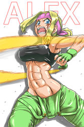 Rule 34 | 1girl, abs, alex (street fighter), bare shoulders, battle, blonde hair, blue eyes, breasts, capcom, capcom fighting jam, character name, covered erect nipples, energy beam, facial mark, facial tattoo, fingerless gloves, genderswap, genderswap (mtf), gloves, headband, highres, impossible clothes, large breasts, long hair, looking at viewer, midnight bliss, midriff, muscular, muscular female, navel, open mouth, overalls, ponytail, solo, sorahachi midoro, strapless, street fighter, street fighter iii (series), sweat, tank top, tattoo, tube top