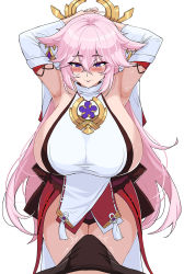 Rule 34 | 1boy, 1girl, aether (genshin impact), armpits, arms up, blush, breasts, bulge, cleavage, erection, erection under clothes, genshin impact, hair ornament, hella p, highres, huge breasts, japanese clothes, large breasts, miko, pink hair, yae miko