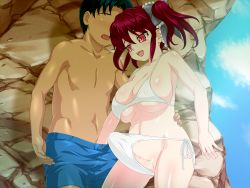 Rule 34 | 1boy, 1girl, bikini, blush, breasts, bulge, censored, cleavage, erection, erection under clothes, futa with male, futakosu, futanari, hand in pants, highres, large breasts, long hair, penis, pink eyes, potato house, red hair, smile, swimsuit, twintails