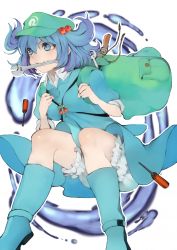 Rule 34 | 1girl, backpack, bag, bloomers, blue eyes, blue footwear, blue hair, boots, commentary request, green hat, hair bobbles, hair ornament, hat, highres, kawashiro nitori, key, makita (vector1525), mouth hold, puffy short sleeves, puffy sleeves, screwdriver, short sleeves, solo, touhou, two side up, underwear, wrench
