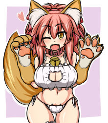 Rule 34 | 1girl, animal ears, animal hands, bell, breasts, cat lingerie, cleavage, cleavage cutout, clothing cutout, collar, collarbone, fangs, fate/grand order, fate (series), fox ears, fox tail, gloves, hair ribbon, heart, jingle bell, large breasts, long hair, looking at viewer, meme attire, moyashi udon, navel, neck bell, one eye closed, open mouth, panties, paw gloves, pink hair, ribbon, side-tie panties, solo, tail, tamamo (fate), tamamo cat (fate), tamamo no mae (fate/extra), underwear, yellow eyes