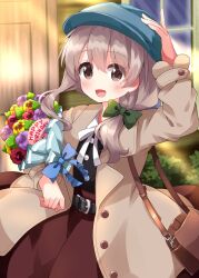 Rule 34 | 1girl, bag, belt, bouquet, bow, english text, flower, grey eyes, grey hair, hair bow, hat, highres, koisuru asteroid, long hair, looking at viewer, mole, morino mari, open mouth, outdoors, pansy, purple flower, purple pansy, red flower, red pansy, ruu (tksymkw), shoulder bag, solo, sunlight, window