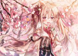 Rule 34 | 1girl, :d, animal ears, apron, bad id, bad twitter id, black apron, blush, brown hair, cat ears, cherry blossoms, fang, floral print, flower, hair between eyes, hair ornament, hair ribbon, hand up, highres, holding, holding flower, icebox46, japanese clothes, kimono, long hair, long sleeves, looking at viewer, maid, open mouth, original, parted bangs, pink eyes, ribbon, smile, solo, spring (season), strap slip, twintails, upper body, wa maid, wide sleeves, yukata