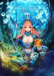 Rule 34 | 1girl, absurdres, breasts, bubble, dragon, dragon girl, female focus, highres, jewelry, large breasts, long hair, looking at viewer, original, pink hair, ring, silvester, solo, underwater, yellow eyes