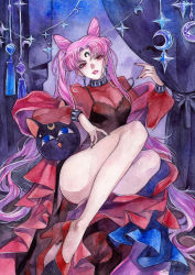 Rule 34 | 1girl, aged up, arm rest, bare legs, bishoujo senshi sailor moon, black lady (sailor moon), breasts, chibi usa, cleavage, cone hair bun, crescent, crescent facial mark, crystal earrings, curtains, curvy, double bun, earrings, facial mark, forehead mark, hair bun, high heels, highres, jewelry, legs, lipstick, long hair, luna-p, makeup, nail polish, painting (medium), parted bangs, parted lips, pink hair, pink lips, princess ailish, red eyes, red footwear, see-through, signature, sitting, smile, traditional media, twintails, very long hair, watercolor (medium), watermark