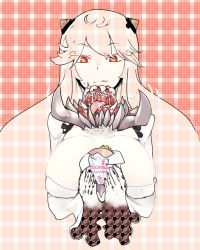 Rule 34 | 10s, 1girl, @ @, abyssal ship, body horror, breasts, burger, english text, facing viewer, fangs, female focus, food, holding, holding food, horns, kantai collection, large breasts, lettuce, long hair, looking down, midway princess, monster girl, orange eyes, plaid, plaid background, robe, saliva, solo, sukueni, teeth, throat mouth, tongue, tongue out, unmoving pattern, upper body, what, white hair, white robe, wrapper