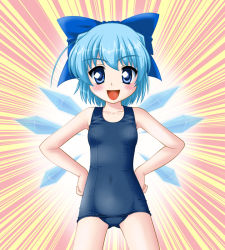 Rule 34 | blue eyes, blue hair, bow, cirno, hair bow, hands on own hips, neopure, one-piece swimsuit, school swimsuit, short hair, solo, swimsuit, touhou, wings