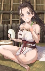 Rule 34 | 1girl, beads, blush, body markings, breasts, brown eyes, brown hair, facial mark, fate/grand order, fate (series), food, forehead, forehead mark, grin, highres, himiko (fate), himiko (first ascension) (fate), jewelry, large breasts, long hair, looking at viewer, magatama, magatama necklace, necklace, no bra, no panties, onigiri, sash, sideboob, sitting, smile, topknot, tsuchifumazu