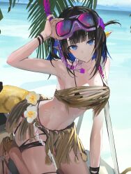 Rule 34 | 1girl, arknights, armlet, beach, bikini, black bikini, blue eyes, eunectes (arknights), flower, goggles, goggles on head, highres, pointy ears, revision, sankichi (croquette crab), snorkel, summer, swimsuit, tail, thighs