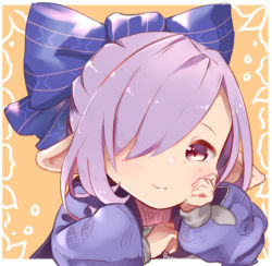 Rule 34 | 1girl, blue bow, blue ribbon, blush, bow, closed mouth, granblue fantasy, hair bow, hair over one eye, hair ribbon, hand on own cheek, hand on own face, harvin, long sleeves, looking at viewer, niyon (granblue fantasy), orange background, pointy ears, purple eyes, purple hair, ribbon, simple background, smile, solo, tadano omake, upper body