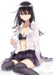 Rule 34 | 1girl, absurdres, black bra, black hair, black skirt, black thighhighs, bra, breasts, cleavage, closed mouth, collarbone, collared shirt, commentary request, dress shirt, hair between eyes, heterochromia, highres, long hair, long sleeves, looking at viewer, medium breasts, miniskirt, navel, open clothes, open shirt, original, partially submerged, pleated skirt, polka dot, polka dot bra, purple eyes, red eyes, rucchiifu, school uniform, shirt, shirt tucked in, sitting, skirt, solo, stomach, thighhighs, underwear, wariza, water, white background, white shirt, zettai ryouiki