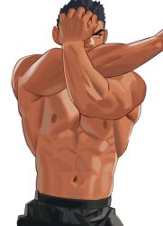 Rule 34 | 1boy, abs, bara, cowboy shot, dark skin, frown, hands up, large pectorals, looking to the side, male focus, muscular, muscular male, navel, nipples, original, pectorals, short hair, solo, stomach, stretching, thick eyebrows, topless male, youchi123