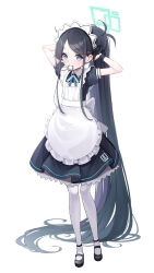 Rule 34 | 1girl, absurdres, adjusting hair, apron, aris (blue archive), aris (maid) (blue archive), arms behind head, arms up, black dress, black hair, blue archive, blue eyes, blush, dress, frilled dress, frills, full body, hairband, halo, highres, long hair, looking at viewer, lunia, maid apron, maid headdress, mouth hold, pantyhose, ponytail, short sleeves, smile, solo, tying hair, very long hair, white apron