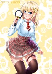 Rule 34 | 1girl, absurdres, blonde hair, blue eyes, breasts, brown capelet, capelet, detective, gears, hair ornament, highres, holding, holding magnifying glass, hololive, hololive english, holomyth, katou shinobu, magnifying glass, medium breasts, necktie, plaid, plaid skirt, shirt, skirt, smile, solo, thighhighs, virtual youtuber, watson amelia, watson amelia (1st costume), white shirt