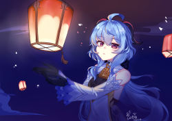 Rule 34 | 1girl, absurdres, ahoge, bare shoulders, bell, black gloves, blue hair, blush, breasts, detached sleeves, ganyu (genshin impact), genshin impact, gloves, highres, horns, lantern, long hair, looking at viewer, medium breasts, neck bell, night, paper lantern, purple eyes, sidelocks, signature, solo, upper body, white sleeves, ying miao