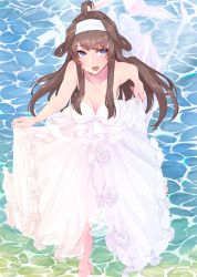 Rule 34 | 1girl, ahoge, alakoala, alternate costume, brown hair, clothes lift, commentary request, dated, double bun, dress, dress lift, hairband, highres, kantai collection, kongou (kancolle), long hair, purple eyes, solo, strapless, strapless dress, twitter username, wading, water, water surface, wedding dress, white dress, white hairband