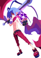 Rule 34 | 1boy, blue hair, disgaea, disgaea d2, floating scarf, laharl, looking at viewer, male focus, navel, pointy ears, red eyes, red shorts, scarf, shorts, simple background, smile, solo, white background, zuku p