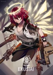 Rule 34 | 1girl, absurdres, arknights, assault rifle, asymmetrical dual wielding, breasts, bullpup, caiman pool, carbine, character name, cleavage, dual wielding, energy wings, english text, exusiai (arknights), gun, halo, highres, holding, jacket, kriss vector, orange eyes, red hair, rifle, scope, short hair, sniper rifle, solo, submachine gun, weapon, weapon request