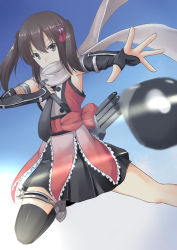 Rule 34 | 1girl, black thighhighs, blue sky, blurry, brown eyes, brown hair, buttons, depth of field, double-breasted, highres, holding, holding torpedo, kantai collection, rigging, scarf, sendai (kancolle), sendai kai ni (kancolle), single thighhigh, sky, solo, taira yuuki, thighhighs, throwing, torpedo, torpedo launcher, two side up, white scarf