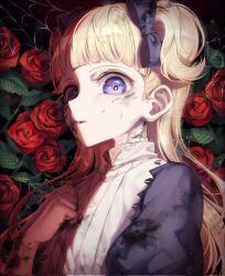 Rule 34 | 1girl, artist name, blonde hair, blue eyes, bow, dirty, dirty face, emilico (shadows house), flower, hair bow, hand up, highres, jyan nyan, leaf, long hair, looking at viewer, parted lips, plant, red flower, red rose, rose, shadows house, solo, upper body, white bow