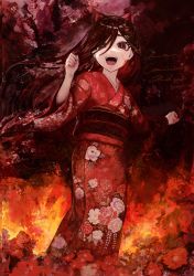 Rule 34 | 1girl, animal ears, black eyes, black hair, cat ears, clockup, earrings, erewhon, fire, floating hair, floral print, flower, highres, japanese clothes, jewelry, kimono, kokemozuku, long hair, looking at viewer, nagami kiyora, obi, open mouth, print kimono, red flower, red kimono, red theme, sash, smile, solo, symbol-only commentary, teeth, upper teeth only