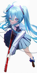 Rule 34 | 1girl, absurdres, ahoge, alternate costume, aqua eyes, aqua hair, blue eyes, blue sailor collar, blue skirt, choker, commentary, electric guitar, guitar, hatsune miku, highres, instrument, long hair, long sleeves, looking at viewer, miniskirt, open mouth, pleated skirt, qingli green, sailor collar, school uniform, simple background, skirt, smile, solo, twintails, very long hair, vocaloid, white background