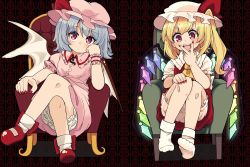 Rule 34 | 2girls, arm support, armchair, ascot, bat wings, blonde hair, blue hair, bobby socks, bow, breasts, buttons, chair, closed mouth, collared dress, collared shirt, commentary request, crossed legs, crystal, dress, eyes visible through hair, fangs, finger to mouth, flandre scarlet, footwear bow, frilled hat, frilled sleeves, frills, full body, hat, hat bow, knees up, looking at viewer, mary janes, medium hair, mob cap, multiple girls, nail polish, one side up, open mouth, petticoat, pink dress, pink eyes, puffy sleeves, red bow, red eyes, red nails, red skirt, red vest, remilia scarlet, shirt, shoes, short hair, siblings, single wrist cuff, sisters, sitting, skirt, small breasts, smile, socks, teeth, touhou, upper teeth only, v over mouth, vest, white shirt, white socks, wings, wrist cuffs, yamase, yellow ascot
