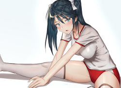 Rule 34 | 1girl, bad id, bad twitter id, blue eyes, blue hair, blush, breasts, commentary request, hair between eyes, hair ribbon, highres, isuzu (kancolle), kantai collection, large breasts, long hair, looking at viewer, open mouth, pallad, ribbon, shirt, simple background, sitting, solo, split, sportswear, sweatdrop, thighhighs, twintails, white background, white ribbon, white shirt, white thighhighs