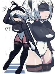 Rule 34 | !, 1girl, absurdres, breasts, covered eyes, facing viewer, female focus, highres, holding, holding weapon, large breasts, leotard, mole, mole under mouth, multiple views, navel, nier:automata, nier (series), puffy sleeves, short hair, solo, sword, taut leotard, thick thighs, thighs, tony welt, weapon, white background, white hair, wide hips, 2b (nier:automata)