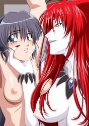Rule 34 | 2girls, armpits, arms up, bdsm, blue skin, bondage, bound, breasts, colored skin, female focus, femdom, horns, isse, japanese clothes, multiple girls, nipples, oni, original, red hair, upper body, yuri