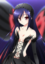 Rule 34 | 10s, 1girl, accel world, antenna hair, bare shoulders, blue hair, breasts, butterfly wings, collarbone, detached sleeves, elbow gloves, flat chest, gloves, hairband, insect wings, izumi mahiru, kuroyukihime, lolita hairband, looking at viewer, navel, red eyes, small breasts, smile, solo, wings