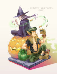 Rule 34 | 2boys, absurdres, alternate costume, alternate hairstyle, black hair, candy, fangs, floating, floating object, food, full body, hair down, halloween, halloween costume, hasuno ne, hat, highres, hunter x hunter, jack-o&#039;-lantern, knuckle bine, long hair, male focus, multiple boys, pompadour, purple hair, shirt, shoot mcmahon, short hair, sitting, toned, toned male, werewolf costume, witch, witch hat