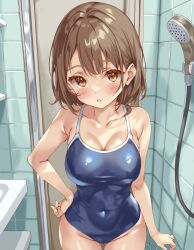 Rule 34 | 1girl, absurdres, bathroom, blue one-piece swimsuit, breasts, brown eyes, brown hair, cleavage, collarbone, commentary request, competition school swimsuit, covered navel, cowboy shot, hand on own hip, highres, iwato (celler), large breasts, looking at viewer, one-piece swimsuit, original, school swimsuit, short hair, shower (place), shower head, solo, swimsuit, tile wall, tiles