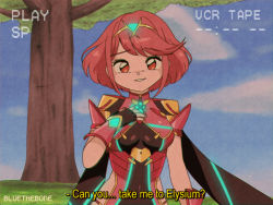 Rule 34 | 1990s (style), 1girl, anime coloring, armor, artist logo, artist name, blue sky, bluethebone, breasts, cloud, cloudy sky, covered navel, english text, fake screenshot, fingerless gloves, gloves, glowing, headpiece, looking at viewer, nature, nintendo, outdoors, parted lips, pyra (xenoblade), recording, red eyes, red hair, retro artstyle, short hair, shoulder armor, sky, smile, solo, subtitled, swept bangs, tree, upper body, xenoblade chronicles (series), xenoblade chronicles 2