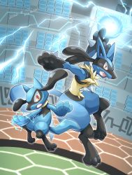 Rule 34 | 2boys, absurdres, blue fur, commentary request, creatures (company), energy ball, fantasy, furry, furry male, game freak, gen 4 pokemon, highres, holding, holding weapon, incoming attack, katkichi, looking at viewer, lucario, multiple boys, nintendo, no humans, open mouth, outdoors, pokemon, pokemon (creature), red eyes, riolu, spikes, tail, weapon