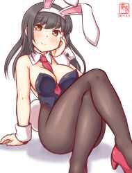 Rule 34 | 1girl, animal ears, black hair, black leotard, black pantyhose, bow, bowtie, breasts, brown eyes, crossed legs, detached collar, fake animal ears, fake tail, gradient background, hayashio (kancolle), high heels, kanon (kurogane knights), kantai collection, leotard, long hair, medium breasts, mole, mole under eye, one-hour drawing challenge, pantyhose, pink background, playboy bunny, rabbit ears, rabbit tail, red footwear, sitting, solo, strapless, strapless leotard, tail, traditional bowtie, wrist cuffs