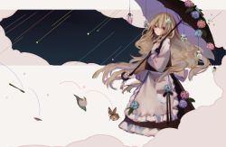 Rule 34 | absurdres, black ribbon, blonde hair, bowl, cloud, commentary request, creature, dress, expressionless, flower, grey eyes, hair ornament, highres, hydrangea, kirisame marisa, leaf, long hair, looking at viewer, package, parasol, ribbon, shooting star, solo, spoon, string, touhou, umbrella, zhixie jiaobu