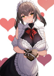 Rule 34 | 1girl, apron, bare shoulders, black dress, blush, bow, bowtie, box, breasts, brown hair, cleavage, closed mouth, commentary request, cowboy shot, detached sleeves, dress, frilled apron, frills, gift, head tilt, heart, heart-shaped box, heart background, highres, holding, holding gift, impossible clothes, impossible dress, large breasts, lipstick, long hair, looking at viewer, maid, maid headdress, makeup, nose blush, orange eyes, original, puffy short sleeves, puffy sleeves, red bow, red bowtie, short sleeves, smile, solo, takibi (tamikyo), twintails, valentine, white apron, white background