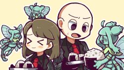 Rule 34 | &gt; &lt;, 1boy, 4girls, ahoge, bald, black eyes, black shirt, black vest, brown hair, closed eyes, closed mouth, collared shirt, commentary request, employee (project moon), fairy festival, food, green hair, grey jacket, half-closed eyes, hatake shimeji, holding, holding food, insect wings, jacket, lobotomy corporation, multiple girls, necktie, no nose, onigiri, open clothes, open jacket, open mouth, outline, project moon, red necktie, shirt, simple background, smile, sweat, vest, white outline, wings, yellow background